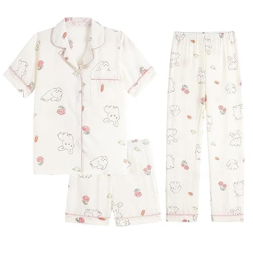 Hupohoi Big Girls Button Down Pajama Set 3pcs Short Sleeve Long Pants with Shorts Crepe Wrinkled Fabric Sleepwear Nighty - Image 1