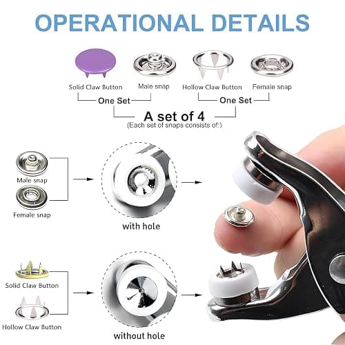 200 Sets Poppers Fasteners Kits,Including Male and Female Snap Fastener,Soild and Hollow Claw Clips,Metal Plier and Storage Box for Clothing,Bags,DIY Crafts Press Stud thumbnail 3