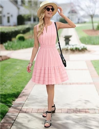 MEROKEETY Womens Summer Casual Beach Vacation Sleeveless Mini Sundress 2026 | V Neck, A Line, Solid Color, Ruffle Hem, Flowy Swing Sun Dress, Elastic Waist, Cotton, Wedding Guest Graduation Short Dress thumbnail 9