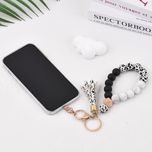 BAOSIWA Silicone Key Ring Bracelet Wristlet Keychain Unique Beaded Bangle Key Chains for Women with Leather Tassel thumbnail 4