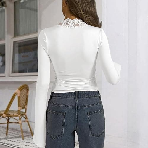 Allmloers Women's Lace Long Sleeve Tops Deep V Neck Crop Top Sexy Slim Fitted Bell Sleeve Tee Y2k Going Out Tops thumbnail 2