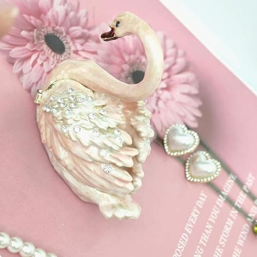 Qsabv Enameled Pink Swan Trinket Box, Mini Hand-Painted Swan Figurine Decor | Metal Small Decorative Jewelry Organizer, Ring Earrings Holder Keepsake Box Wedding Gift for Women Girls thumbnail 8