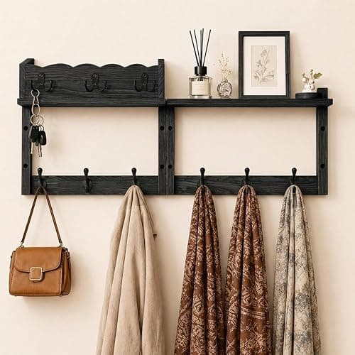 28-Inch Wood Wall Mounted Coat Rack with Shelf, 7 Hooks, 3 Key Holder | All-in-one entryway organizer featuring a top wood shelf, mail holder, 7 sturdy coat hooks, and 3 key hangers for home - Image 1