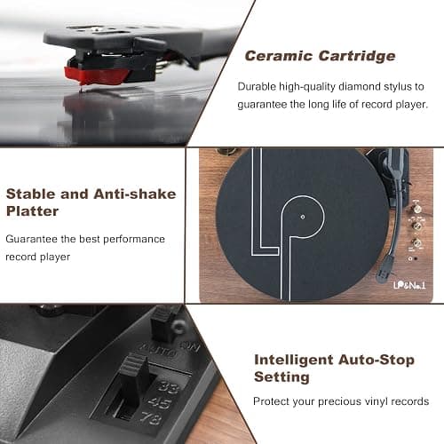 LP&No.1 Record Player with Stereo Speakers, 3-Speed Belt-Drive Turntable for Vinyl Records with Wireless Playback and Auto-Stop,Walnut Wood thumbnail 6