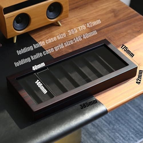 Besforu Knife Display Case Organizer storage 8 pocket knives, Folding Knife Holder with Real Glass Window Top， Pocket knife collection box for men gift (Ebony Veneer 8 slot) thumbnail 5