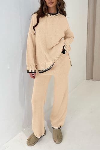 PRETTYGARDEN Women's 2 Piece Knit Sweater Outfit Casual Long Sleeve Pullover Wide Leg Pants Tracksuit Loungewear Set thumbnail 2