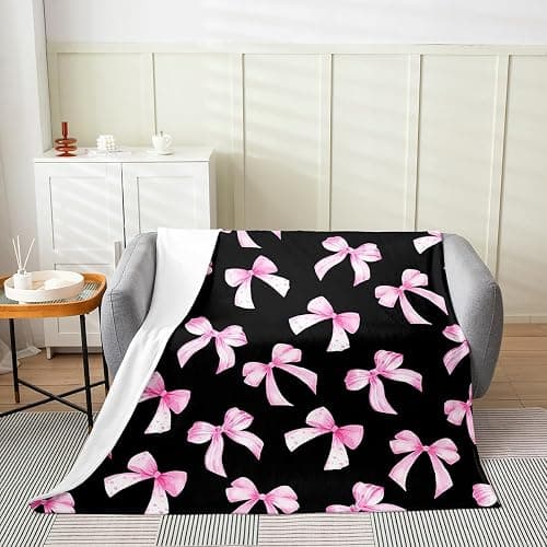 Feelyou Pink Black Bow All Season,Bed Blanket for Sofa Couch Twin 60"x80" Cute Dreamy Princess Style Plush Throw Blanket, Ultra Soft Bow Pattern Flannel Fleece Blanket Bowknot Room Decor Bow thumbnail 2