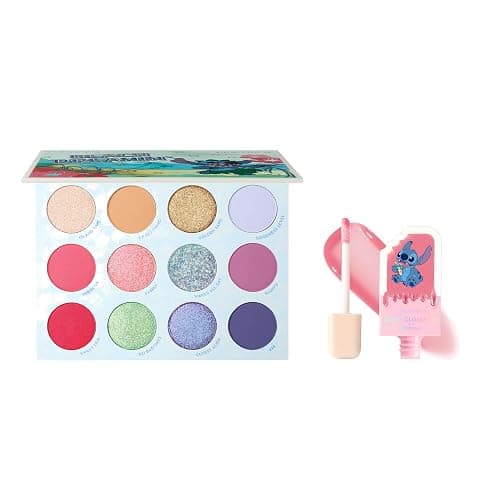ColourPop x Disney Stitch Makeup Bundle - Beach Dreamin’ 12 Shade Eyeshadow Palette + Ultra Glossy Lip Gloss - High Pigment, Hydrating, Non-Sticky Shine, Tropical-Inspired Set - Image 1