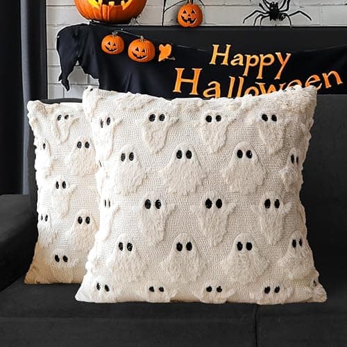 4TH Emotion Halloween Ghost Decorative Pillow Covers 18x18 Set of 2, Beige Soft Plush Faux Fur Farmhouse Throw Cushion Cases for Fall Holiday Home Decorations - Image 1