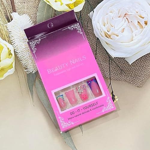 FIEONCIY Press on Nails Duck Shaped Glossy Full Cover Acrylic Duck False Nails with Designs Artificial Medium Duck Shaped Fake Nails with Charms Glue ons Fingernails for Women Girls(CC20) - French and Star Gems Rhinestone thumbnail 6