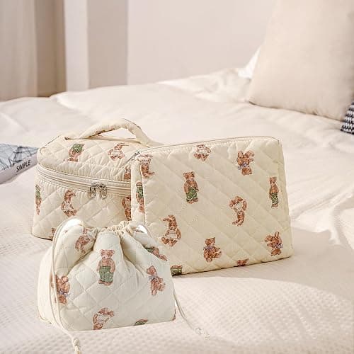 3pcs Large Cotton Quilted Makeup Bag Set,Coquette Aesthetic Cute Travel Toiletry Bag,Drawstring Gift Bag for Women and Girls(3Pcs White Bear) thumbnail 4