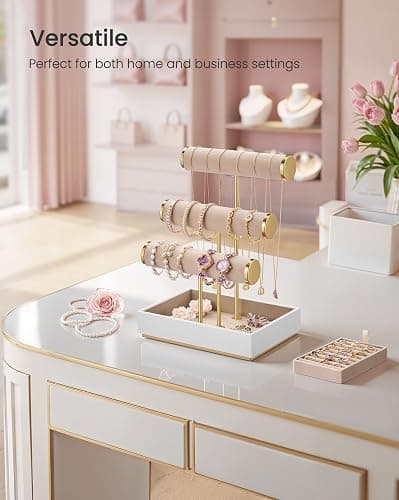 SONGMICS Bracelet Holder Stand, Jewelry Display Stand, Jewelry Organizer, with 3 Tiers and Velvet Tray, Removable Ring Holder, Cloud White and Camel Brown UJJS027A01 thumbnail 2
