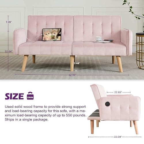 TYBOATLE 65" W Velvet Modern Convertible Folding Futon Couch Sofa Bed w/ 2 USB Charging Ports and arms, Loveseat for Compact Living Space, Dorm, Game Studio, Bonus Room, Apartment, Bedroom (Pink) - Pink thumbnail 3
