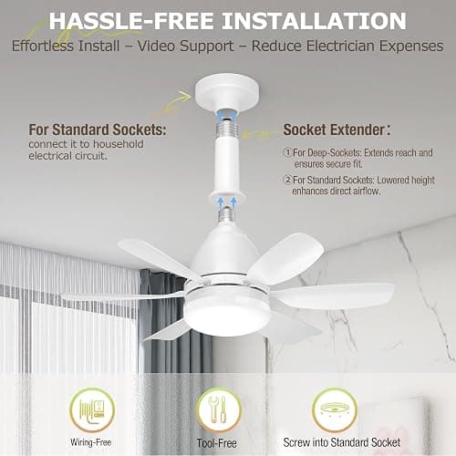 Zyxrona Socket Fan Light with Remote, 20'' 30W Dimmable LED 3 Colors 3000K-6500K, 6 Speed Wind Small Ceiling Fan with Light, Screw in Light Bulb Fan for Bedroom, Kitchen, Living Room, Closet thumbnail 3