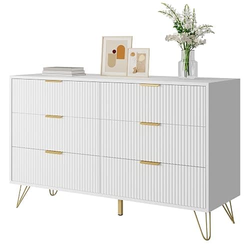 BAZELOR White Fluted 6 Drawer Dresser for Bedroom, Gold Handles, 47.2" W | Modern Wood Chest of Drawers with Scratch-Proof Metal Handles for Living Room, Hallway, Entryway thumbnail 4