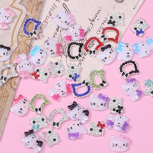 6 Sheets Cute Cat Nail Stickers and 40Pcs Cartoon Red Pink Cat Nail Charms Set Kawaii Cat Heart Letter Nail Art Decals Charms for Women DIY Party Nail Decoration Accessories thumbnail 4