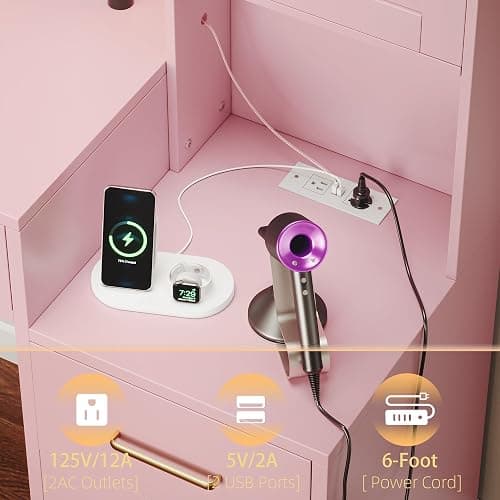 58.3" Makeup Vanity Desk with Charging Station, Pink Makeup Dressing Table with Mirror & Lights, 3 Lighting Modes Adjustable Brightness, Vanity Table with Power Outlet & 8 Drawers without Stool thumbnail 5