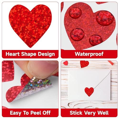 Anwyll Heart Stickers - Glitter Red Heart Stickers 480Pcs 1Inch Love Sticker Self-Adhesive Valentines Day Hearts Shaped Sticker for Kids Classroom Reward Envelope Seal Birthday Wedding Favor thumbnail 4