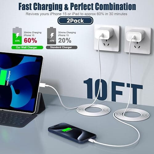 iPhone 15 Charger Fast Charging, 2Pack 10FT Long USB C to C iPhone Fast Charging Cable Cord with 20W USB C Fast Charger Block Adapter for iPhone 15/15 Pro/15 Pro Max/15 Plus, iPad 12.9/11/10.9/Air 5/4 - 2Pack 10FT C-C - 2 thumbnail 2