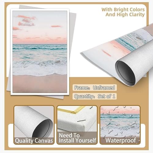 Modern Pastel Aesthetic Sunset Beach Wall Art Minimalist Serene Ocean Sky Canvas Picture Funny Trendy Romantic Blush Pink Wave Artwork for Office Bedroom Bathroom Decor 12x16inch Unframed thumbnail 7
