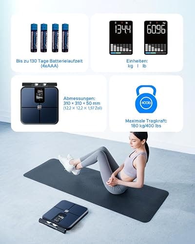 Tychesy Körperfettwaage mit Handsensoren, Digitale Personenwaage mit Körperfettanalyse, Smart Waage mit 8 Elektroden für Körperfett und Muskelmasse, BMI, und 28 Körpermesswerte, 180 kg thumbnail 7