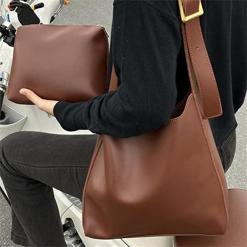 Women's Solid Color Tote Bag Two-Piece Set, Fashionable Bucket Large Capacity Casual Two-Piece Shoulder Messenger Bag thumbnail 5