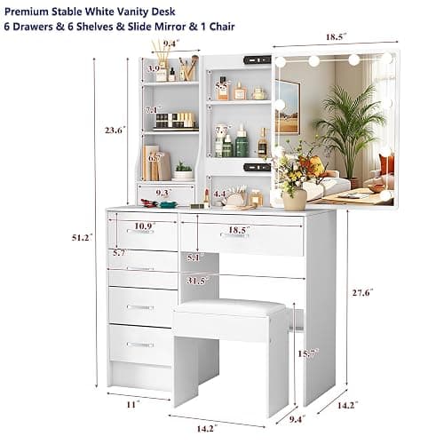 Caulitar White Vanity Desk with Mirror and Lights, 6 Drawers 6 Shelves 1 Stool & 3 Modes Slide Mirror Makeup Vanity for Teens Girls Bedroom, 51.6" H thumbnail 2