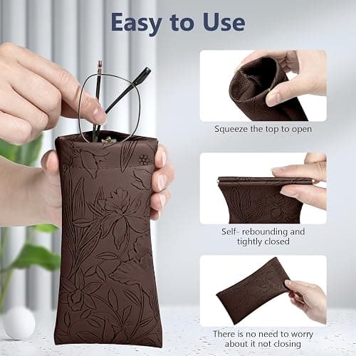 Tavonis Eyeglasses Cases 2Pack Embossed PU leather glasses pouch Squeeze Top Portable Glasses Cases for Men Women thumbnail 5