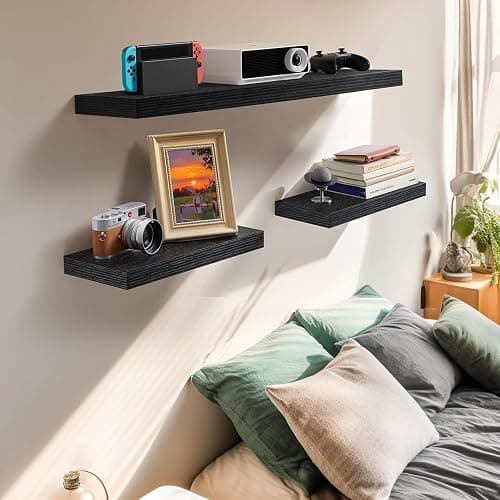 Amada HOMEFURNISHING Floating Shelves Wall Mounted, 15 x 7 Inch Wall Shelves for Bathroom, Bedroom, Living Room, Black Shelves Set of 2 thumbnail 2
