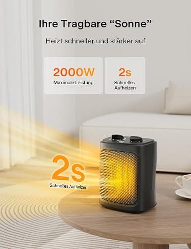 PELONIS Mini Elektrischer Heizlüfter 2000W mit zwei Heizstufen und Lüfter, Keramik-Tischheizung für Badezimmer, Schlafzimmer, Tischheizung mit Temperaturregelung thumbnail 2