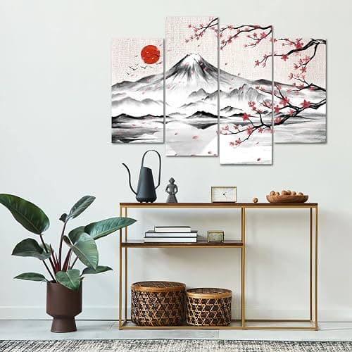 LyerArtork 4 Panel Japanese Ink Painting Wall Art Mount Fuji with Moon Pictures Wall Decor Cherry Blossom Canvas Print Japan Traditional Artwork for Living Room Bedroom Decoration thumbnail 4