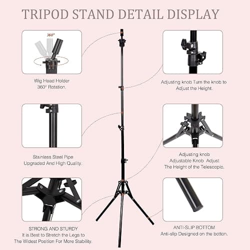 Demides 22" Canvas Wig Head Set with 61" Adjustable Tripod Stand | Durable canvas head,compatible with wig stands and clamps,ideal for wig making,customization,styling,training and display thumbnail 7