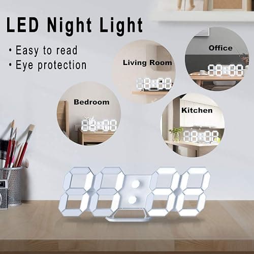 EDUP HOME 3D LED Digital Wall Clock/Desk Alarm Clock with Remote Control for Kitchen Bedroom Office, 9.7" LED Night Light Decor Clock Adjust Brightness 12H/24H Time Date Temperature, Great Gift thumbnail 4