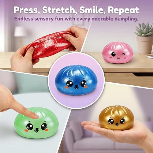 Dumpling Squishy Mystery Box,Dumplings Style Stress Balls for Adults and Kids, Cute Steamer Basket Design with Squeezable Ball Stress Relief Fidget Toys (4 PCS) thumbnail 4