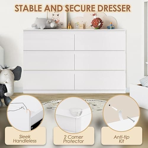 Dresser for Bedroom with 6 Wide Drawer, White Wood Dresser, Modern Chest of Drawers for Clothes Storage, Multi-Functional Storage Organizer for Bedroom, Living Room & Entryway(47" W x15.4 Dx32.3 H) thumbnail 5