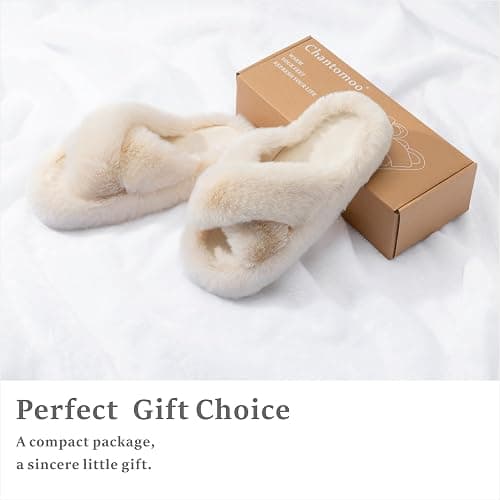 ROOM | Amazon | Chantomoo Women's Slippers Memory Foam House Bedroom Slippers for Women Fuzzy Plush Comfy Faux Fur Lined Slide Shoes Anti-Skid Sole Trendy Gift Slippers - 7-8 - Beige Cross thumbnail 4