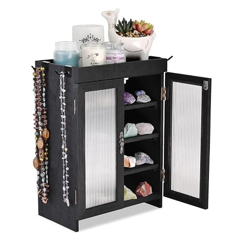 Ikee Design Wooden Countertop Storage Cabinet with Wavy Magnetic Door, Adjustable Shelves, Removable Hooks. Perfect for Perfume, Figurines, and Coffee Cups, Black Color, 10.4 W x 6.1 D x 14.4 H in - Image 1