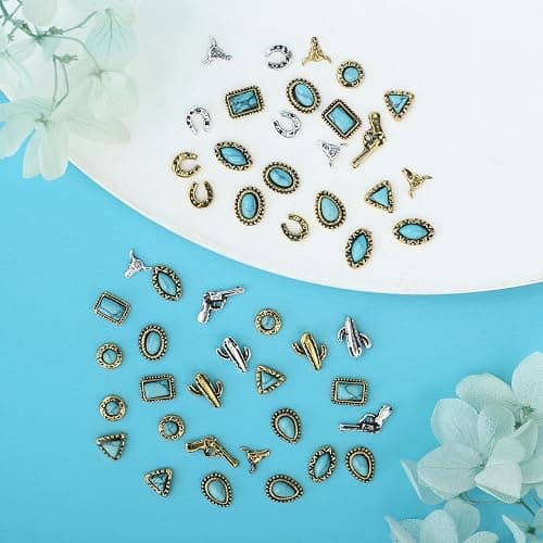 50 PCS Turquoise Nail Charms - 3D Western Nail Charms Vintage Turquoise Gems Stones Art, Retro Metal Gold Silver Cowboy Cowgirl Western Art Stickers Accessories Women DIY thumbnail 4