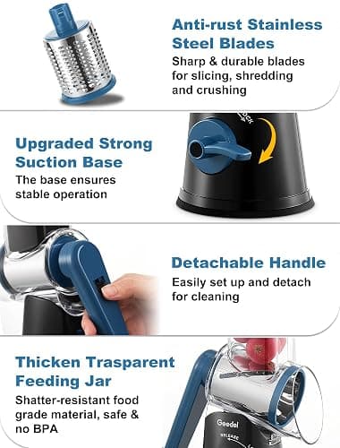 Geedel Rotary Cheese Grater Cheese Shredder - Upgraded 5-in-1 Cheese Grater with Handle and Strong Suction Base, Multi-purpose Vegetable Slicer Ice Shaver Nuts Grinder for Ice, Vegetables, Fruit, Nuts thumbnail 7
