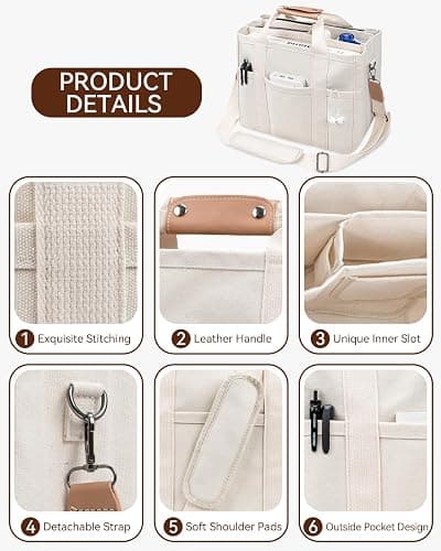 Canvas Tote Bag with Multi-Pocket for Women Large Crossbody Shoulder Handbag Everything Tote Bag with Compartments - Large - Beige thumbnail 6
