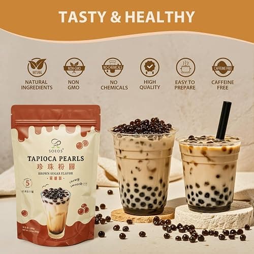 Soeos Boba Pearls, Black Tapioca Pearls 8.8 oz (0.55 lb), Black Sugar Flavor Boba Pearls for Bubble Tea, Smoothies & Desserts – Sweet, Chewy, and Ready to Cook thumbnail 3