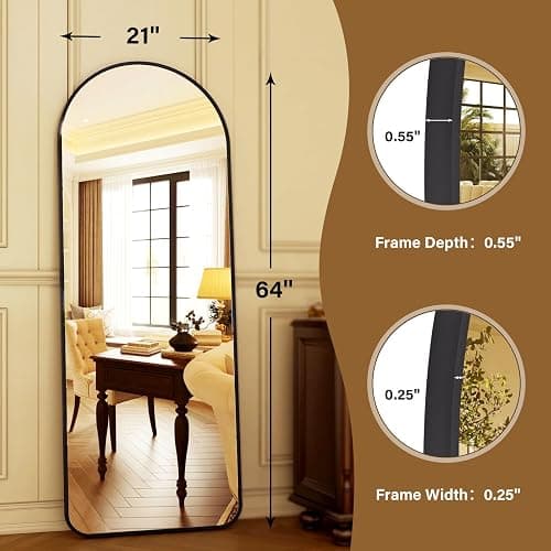 HARRITPURE 64"x21" Arched Full Length Mirror Floor Mirrors with Aluminum Alloy Frame Free-Standing Wall Mounted or Leaning Large Bedroom Dressing Mirror Modern & Contemporary Decor for Home,Black thumbnail 2