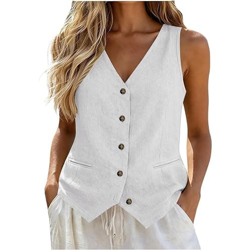 Vest Tops for Women Cotton Linen Button Down Sleeveless Shirts Business Casual Tank Vests 2026 Summer with Pockets thumbnail 2