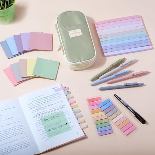 KOUDGY 49Pcs Book Annotation Kit - Aesthetic Pencil Case Bag with Highlighters Gel Pens and Marker, 900 Sheets Transparent Index Tabs Sticky Notes Bible Study Supplies (Green) - Green thumbnail 6