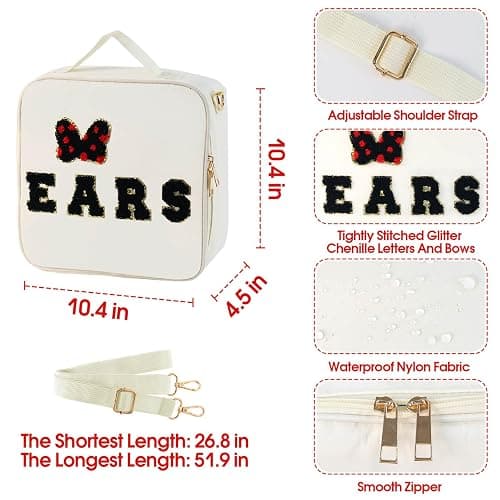 Chenille Letter Bow Mouse Ears Travel Case, Park Ears Headband Holder Hair Accessories Organizer Bag for Girls Women Kids Adults, Large Makeup Bag Snack Bags with Zipper for Travel Picnic - White thumbnail 3