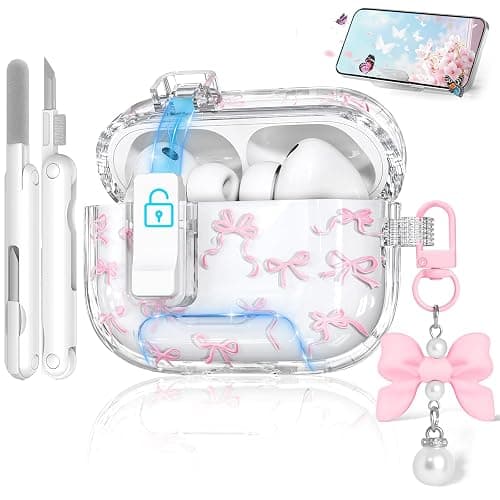for AirPods Pro 3 Case with Secure Lock & Phone Stand, Bow-Print Clear Case for Apple AirPods Pro 3rd Generation 2025 Cover with Cleaner Keychain for Women Girly, Pink, Auto-Open Lid - Image 1