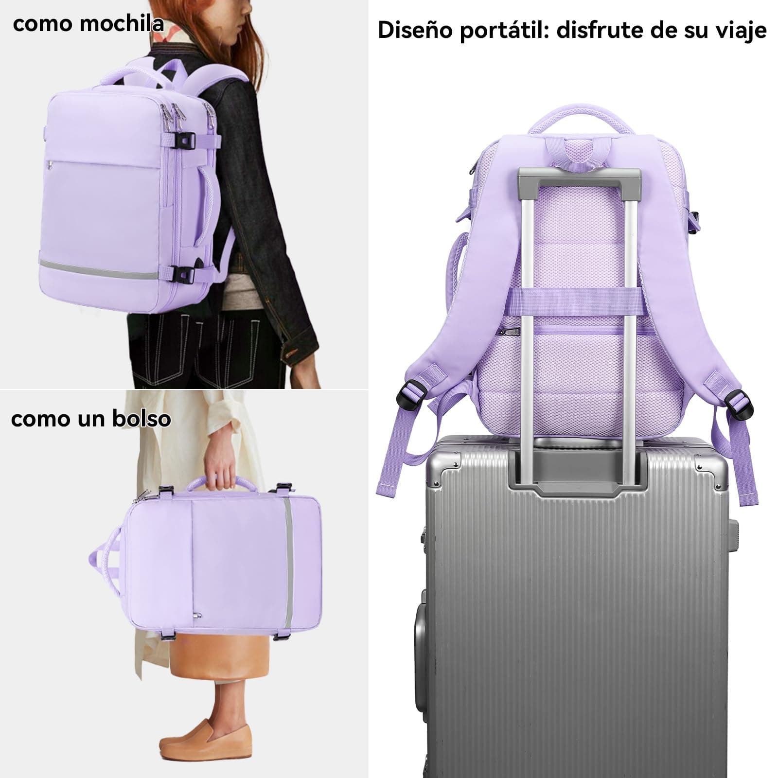 XJ-HOME Mochila de Viaje para Mujer, Mochilas para Viaje Mujers Avion, Mochila para Portátil de 15,6" con USB Puerto Resistente al agua, para Negocios Universitarios de Fin de Semana, Lila thumbnail 7