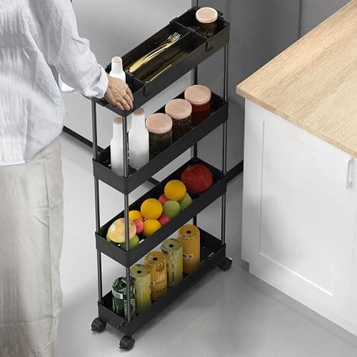 SPACELEAD Slim Storage Cart 4 Tier,Bathroom Organizer Rolling Utility,Mobile Shelving Unit Slide Out for Office, Kitchen, Laundry Room & Narrow Places,Black thumbnail 7