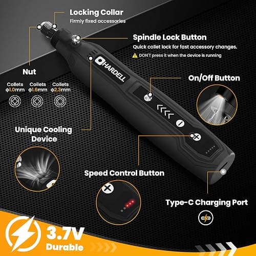 HARDELL Mini Cordless Rotary Tool Kit, 5-Speed for 3D Printer Sanding | Engraving Pen, 69 Accessories, 5000-18000RPM, 2000mAh, LED Light, for Precision Polishing, Drilling, Carving, DIY Crafts thumbnail 2