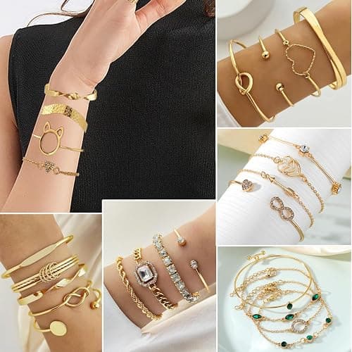 17VKL Gold Bangle Bracelets for Women, 14k Gold Plated Multi Layer Stackable Cuff Bracelets Set, Personalized Boho Non Tarnish Adjustable Bangle Jewelry Gift for Her thumbnail 4